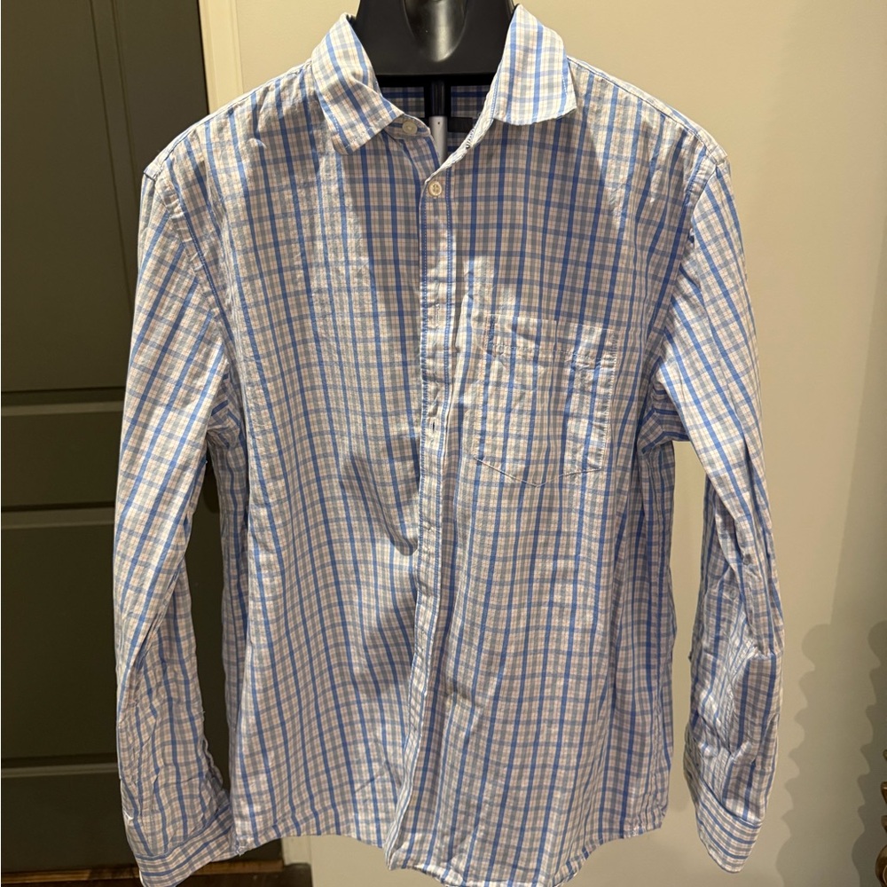 Old Navy Light Blue and White Plaid Men's Button-down Shirt Size Large